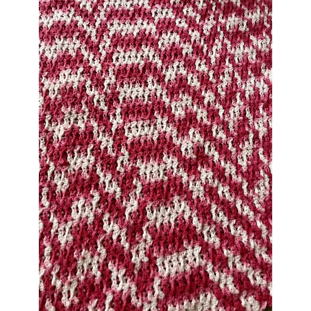 Handmade Crochet Baby Blanket Pink White Variegated Wave Pattern 34x34 Square